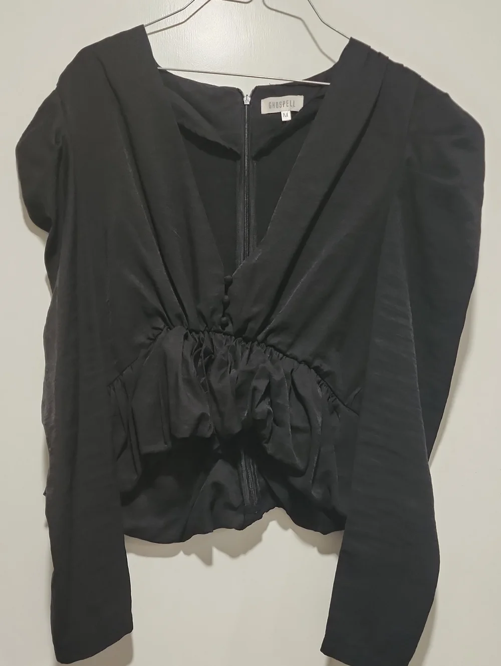 Ghospell Black V-Neck Ruched Peplum Blouse